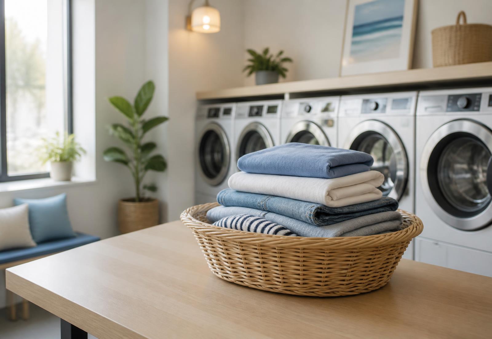 Folded clean laundry in a basket inside a bright Coastline Laundry store